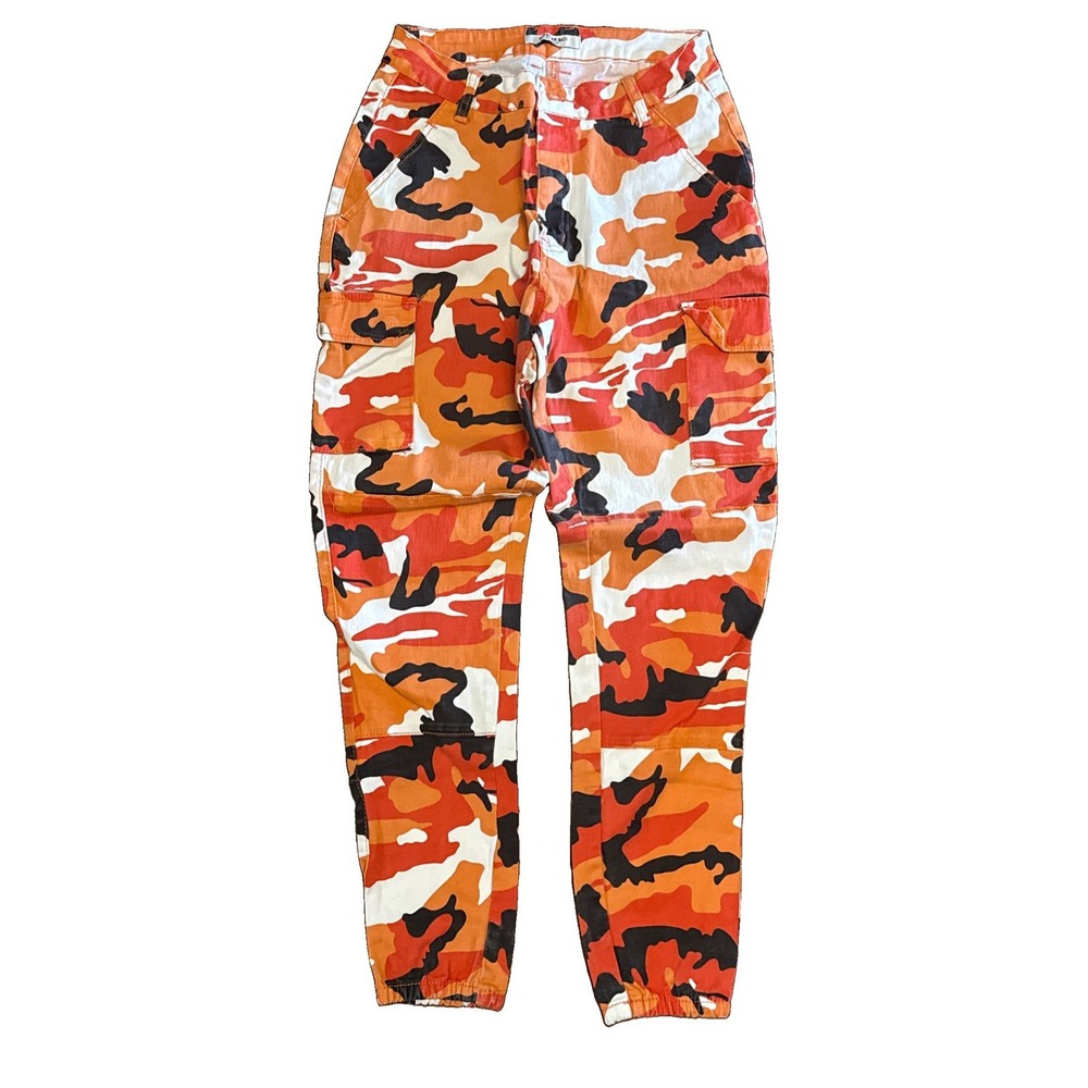 American Bazi High Rise Orange Camo Cargo Pants Womens Jogger Streetwear Size S